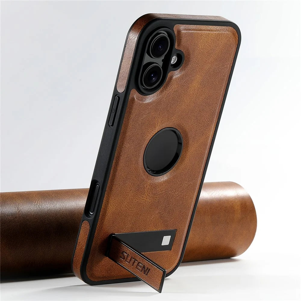 SUTENI G2 For iPhone 16 Plus Magnetic Case Leather Phone Back Cover Waxy Texture Kickstand - Brown - 2