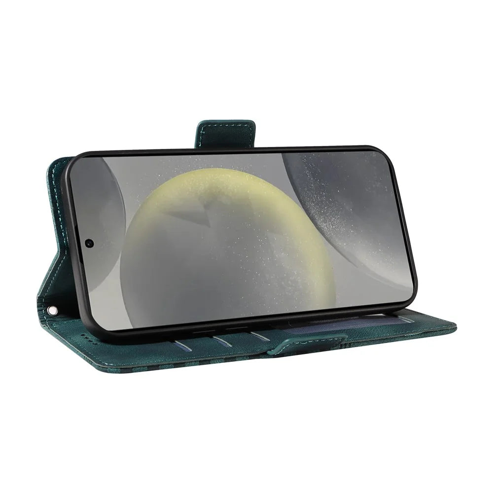 For Samsung Galaxy S25 Case PU Leather Phone Cover Rhombus Starry Imprinted - Green - 3