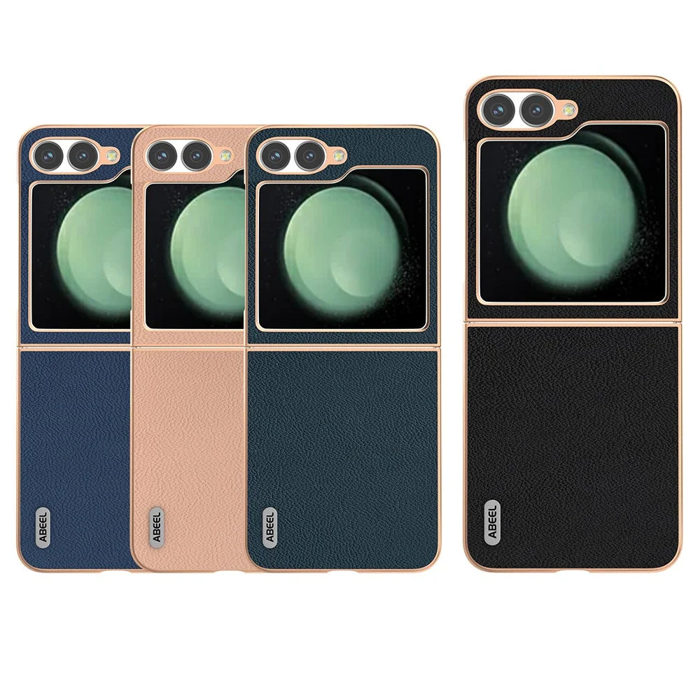 ABEEL For Samsung Galaxy Z Flip7 FE 5G / Z Flip6 5G Case Electroplating Phone Cover Horizon Series Genuine Cow Leather+TPU Protective Case - Green - 6