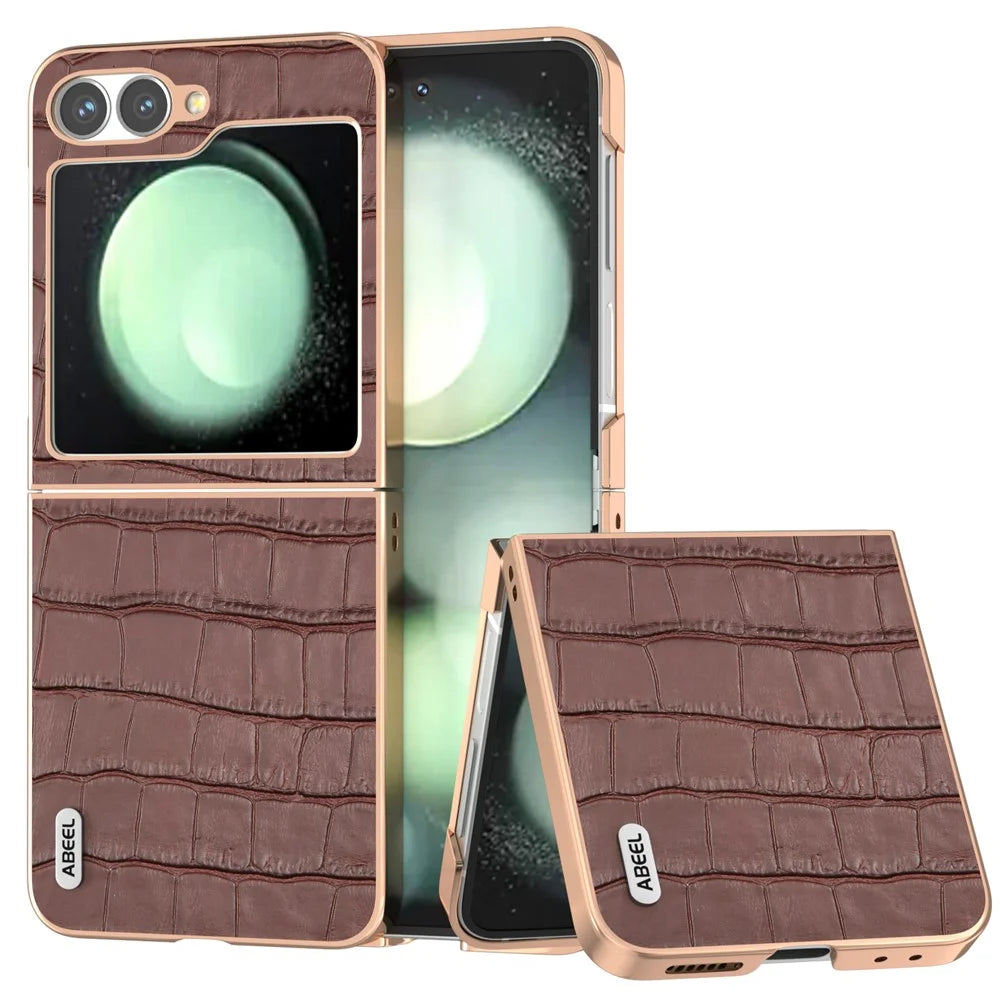 ABEEL For Samsung Galaxy Z Flip7 FE 5G / Z Flip6 5G Case Electroplating Phone Cover Crocodile Texture Genuine Cow Leather+TPU Protective Case - Brown - 1