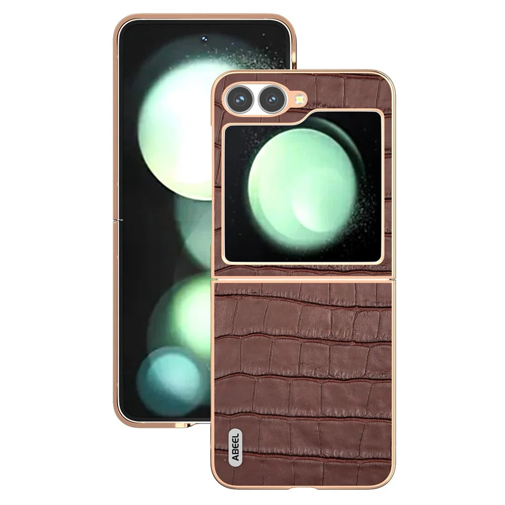 ABEEL For Samsung Galaxy Z Flip7 FE 5G / Z Flip6 5G Case Electroplating Phone Cover Crocodile Texture Genuine Cow Leather+TPU Protective Case - Brown - 2