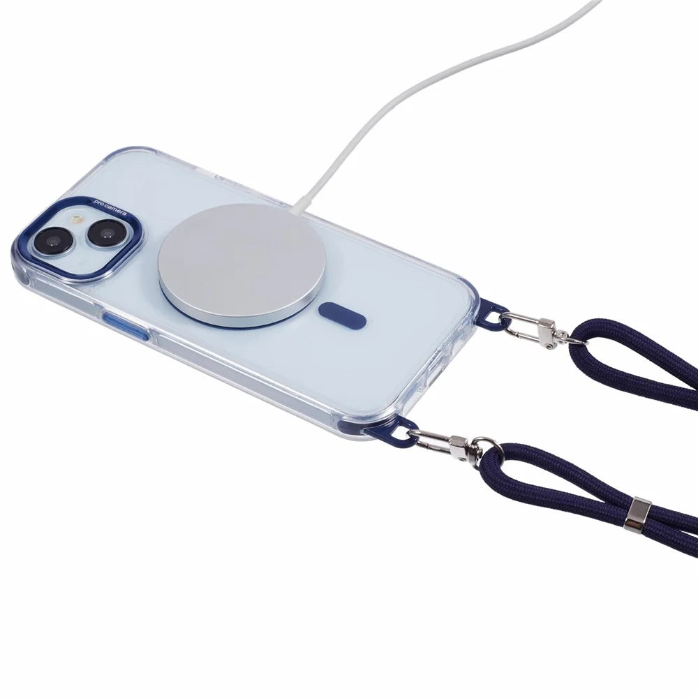 For iPhone 14 Clear Case Compatible with MagSafe Shockproof PC+TPU Phone Cover with 150cm Long Lanyard - Blue - 3