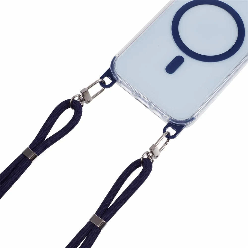For iPhone 14 Clear Case Compatible with MagSafe Shockproof PC+TPU Phone Cover with 150cm Long Lanyard - Blue - 4