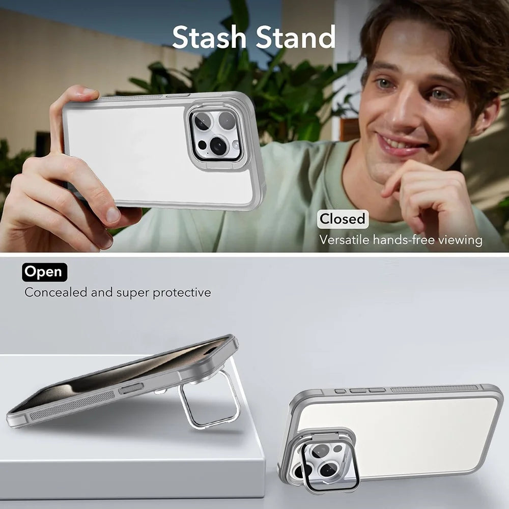 For iPhone 16 Pro Case with Lens Cover Kickstand Skin-Touch PC+TPU Phone Back Cover - Grey - 2