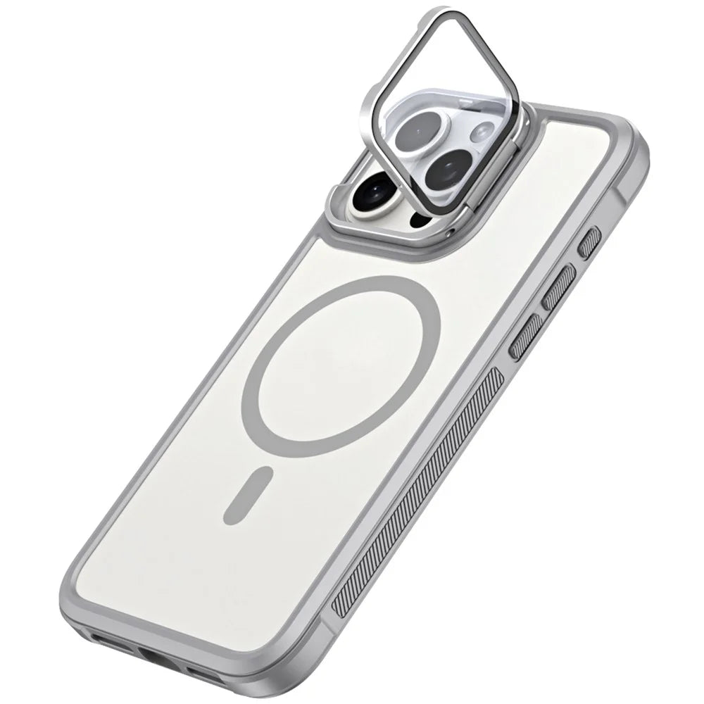 For iPhone 15 Pro Max Compatible with MagSafe Lens Cover Kickstand Matte Back Cover - Grey - 1