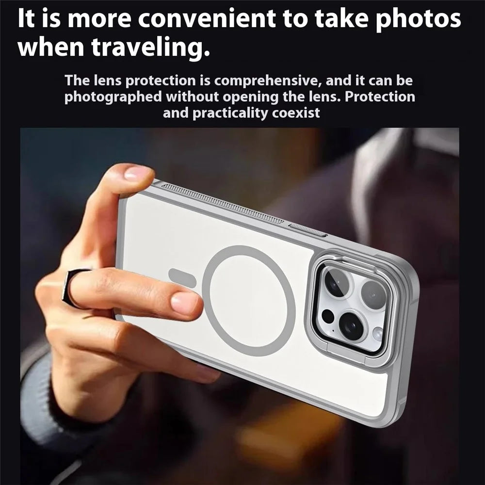 For iPhone 15 Pro Max Compatible with MagSafe Lens Cover Kickstand Matte Back Cover - Grey - 4