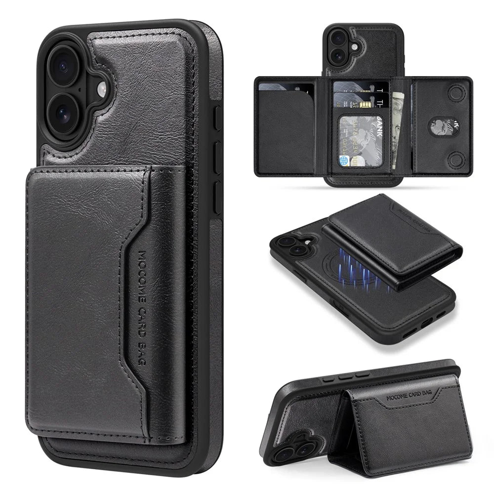For iPhone 16 Plus Magnetic Case Leather Back Phone Cover with Detachable Card Bag - Black - 1