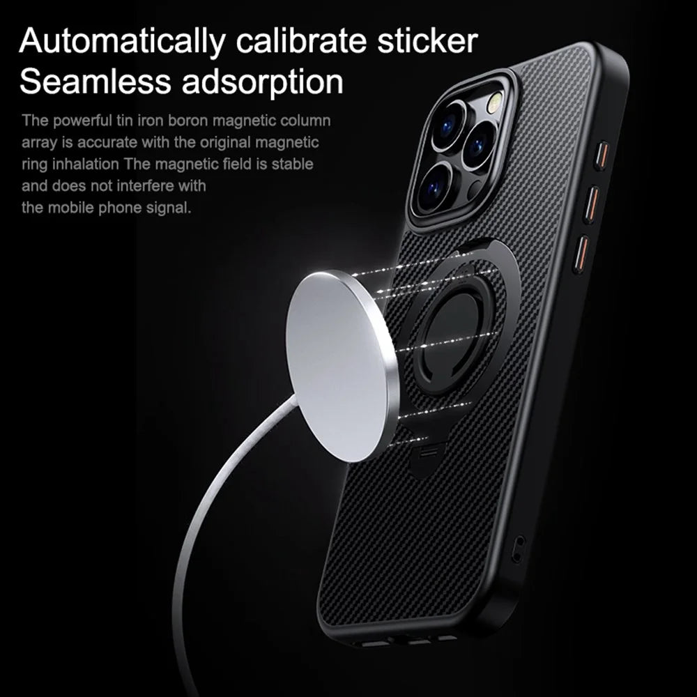 For iPhone 16 Pro Max Case Compatible with MagSafe Kickstand Carbon Fiber Texture PC+TPU Phone Cover with Silicone Ring - Black - 2