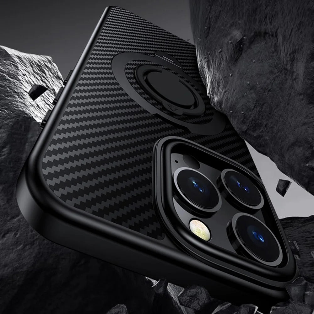 For iPhone 16 Pro Max Case Compatible with MagSafe Kickstand Carbon Fiber Texture PC+TPU Phone Cover with Silicone Ring - Black - 4