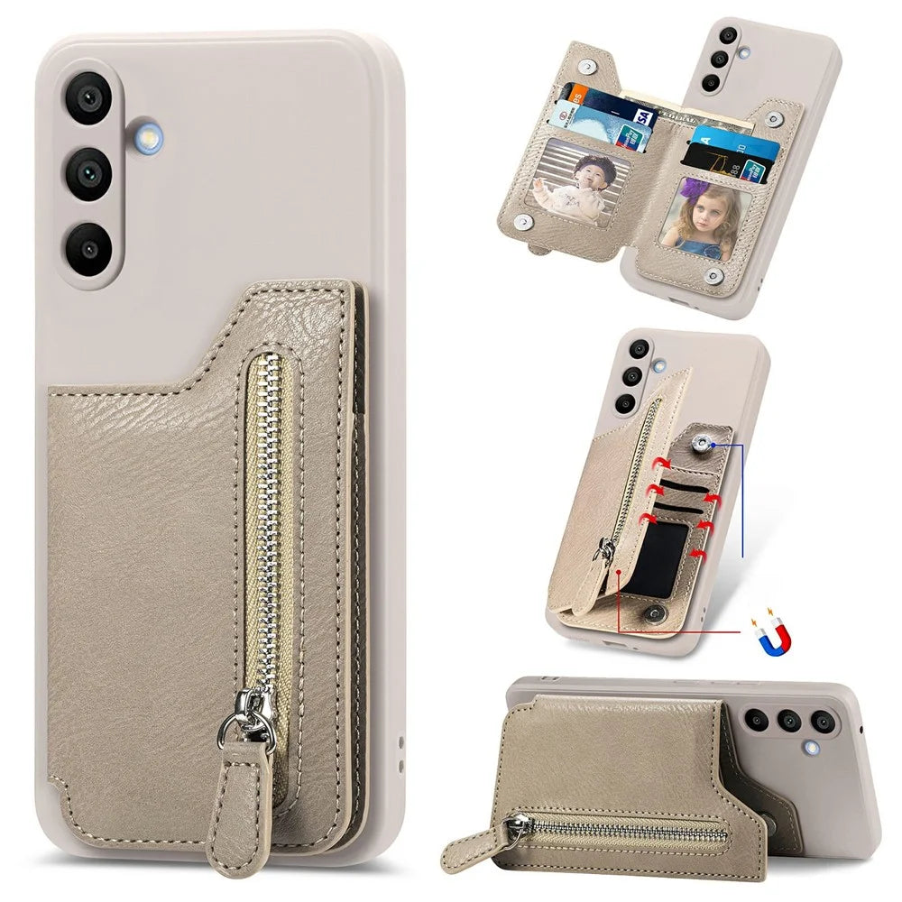 For Samsung Galaxy A16 4G / 5G Case PU Leather+TPU Phone Cover with Zipper Pocket Wallet - Beige - 1