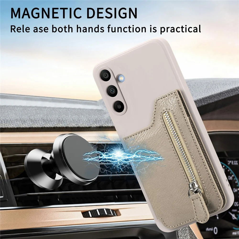 For Samsung Galaxy A16 4G / 5G Case PU Leather+TPU Phone Cover with Zipper Pocket Wallet - Beige - 5