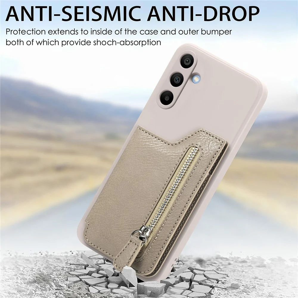 For Samsung Galaxy A16 4G / 5G Case PU Leather+TPU Phone Cover with Zipper Pocket Wallet - Beige - 7