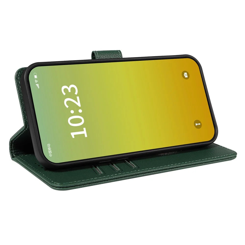 For iPhone 14 Pro Leather Case Litchi Texture RFID Blocking Wallet Stand Phone Cover - Green - 3