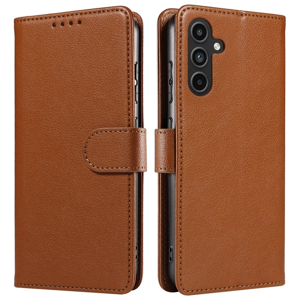 For Samsung Galaxy S23 FE Leather Case Litchi Texture RFID Blocking Wallet Stand Phone Cover - Brown - 1