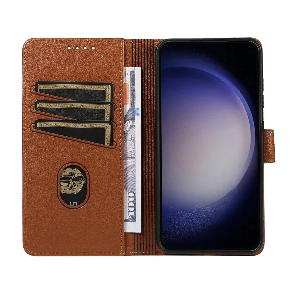 For Samsung Galaxy S23 FE Leather Case Litchi Texture RFID Blocking Wallet Stand Phone Cover - Brown - 2