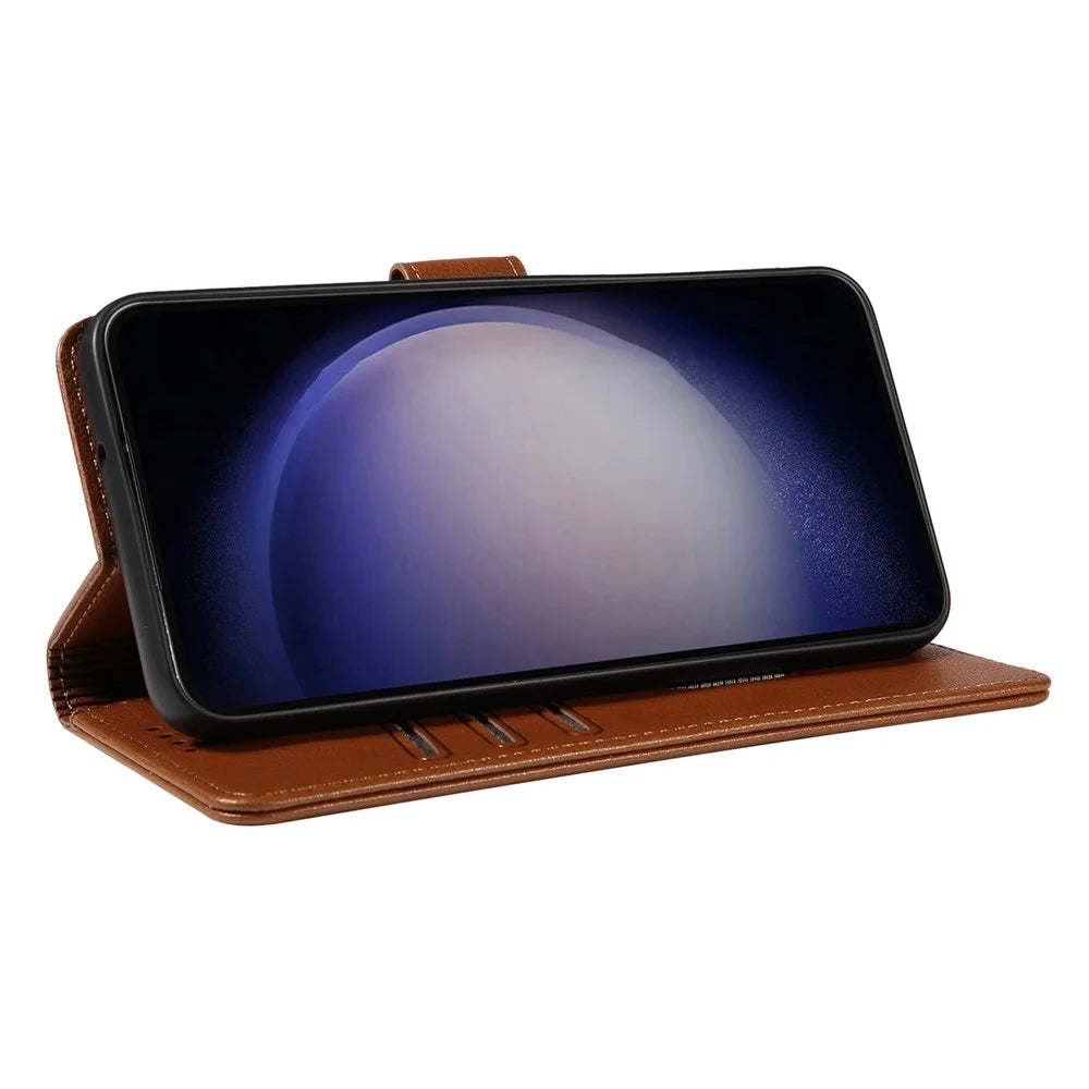 For Samsung Galaxy S23 FE Leather Case Litchi Texture RFID Blocking Wallet Stand Phone Cover - Brown - 3