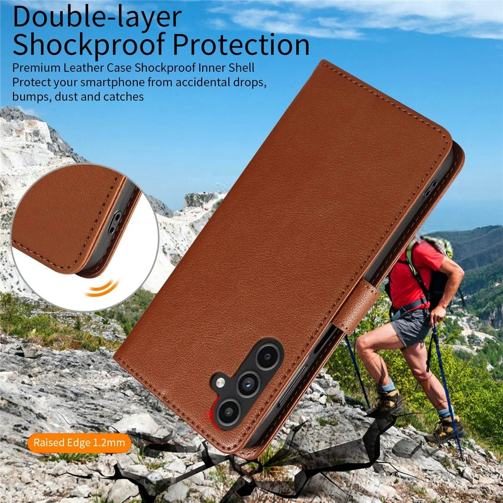 For Samsung Galaxy S23 FE Leather Case Litchi Texture RFID Blocking Wallet Stand Phone Cover - Brown - 4
