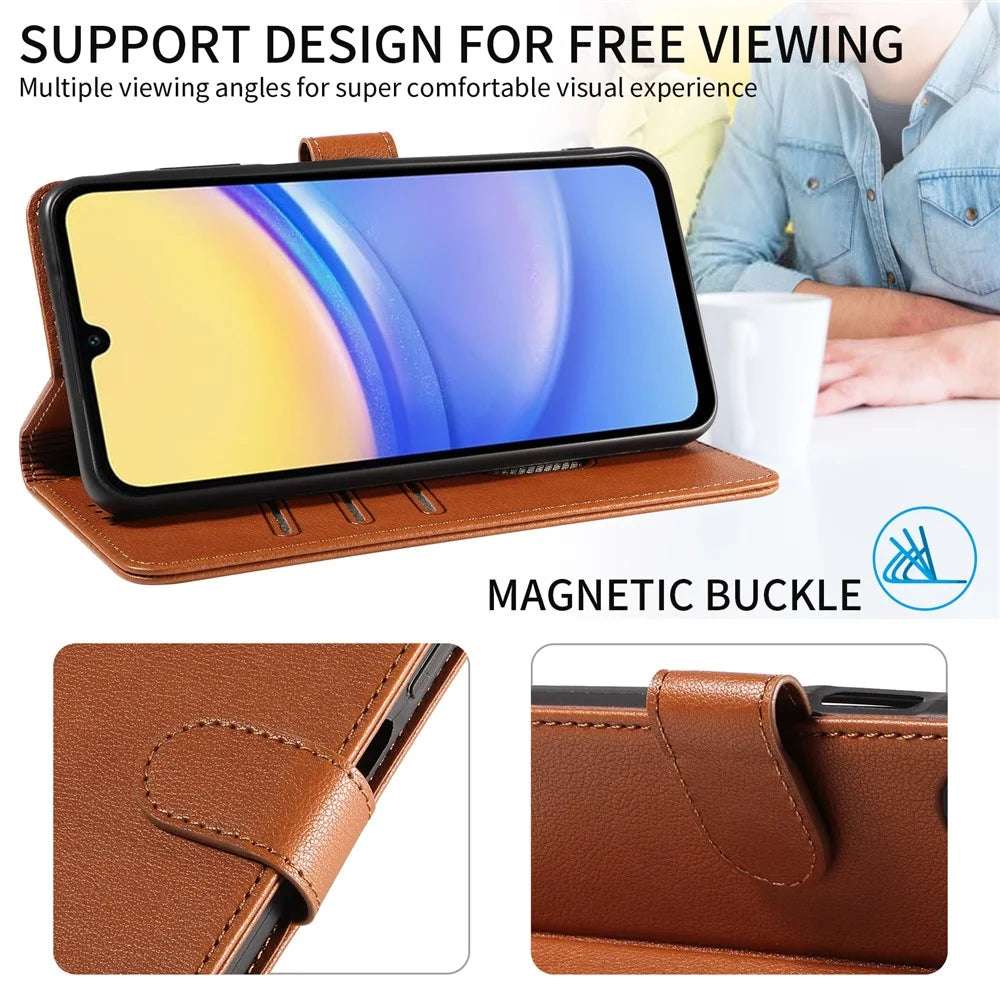 For Samsung Galaxy S23 FE Leather Case Litchi Texture RFID Blocking Wallet Stand Phone Cover - Brown - 7