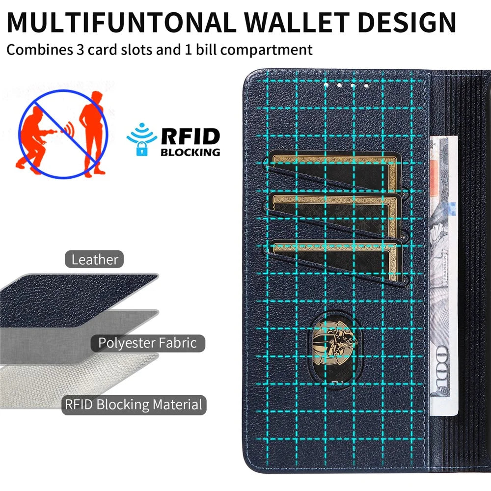 For Samsung Galaxy S24 FE Leather Case Litchi Texture RFID Blocking Wallet Stand Phone Cover - Blue - 6