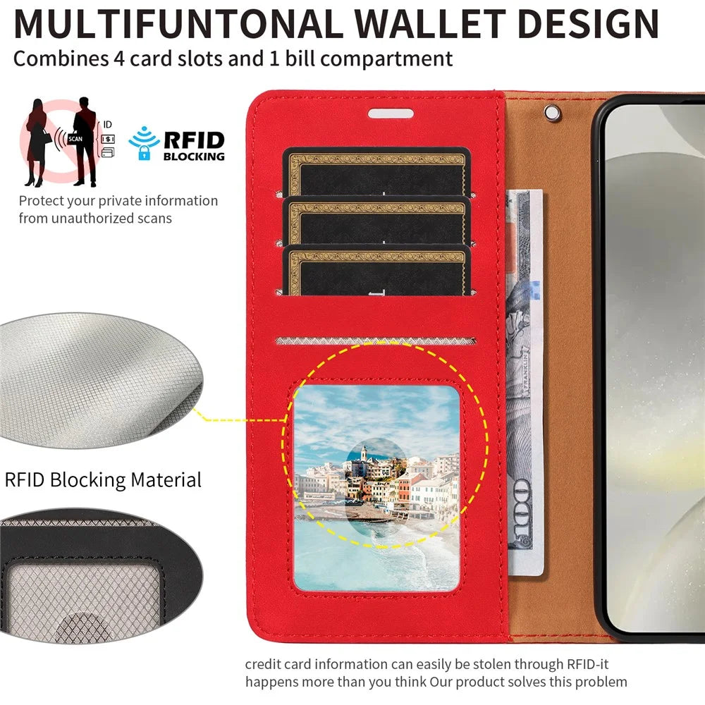 For Samsung Galaxy S24+ Case RFID Blocking Wallet Stand Leather Flip Phone Cover with Slim Strap - Red - 7