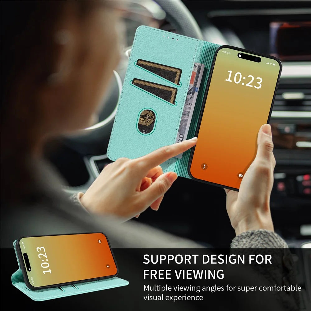 For iPhone 13 Pro Case RFID Blocking Strong Magnetic Leather Wallet Phone Cover - Mint Green - 4
