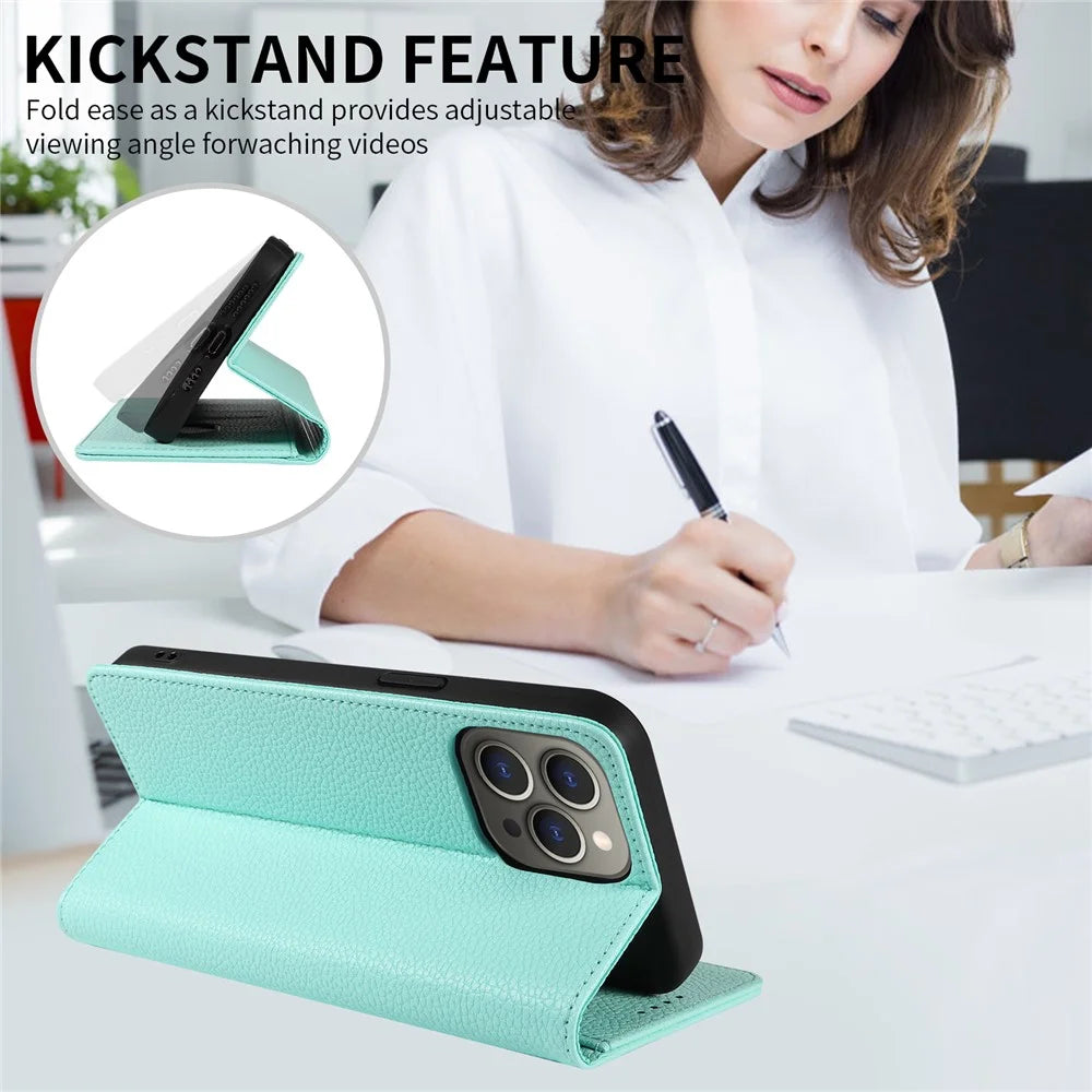 For iPhone 13 Pro Case RFID Blocking Strong Magnetic Leather Wallet Phone Cover - Mint Green - 7