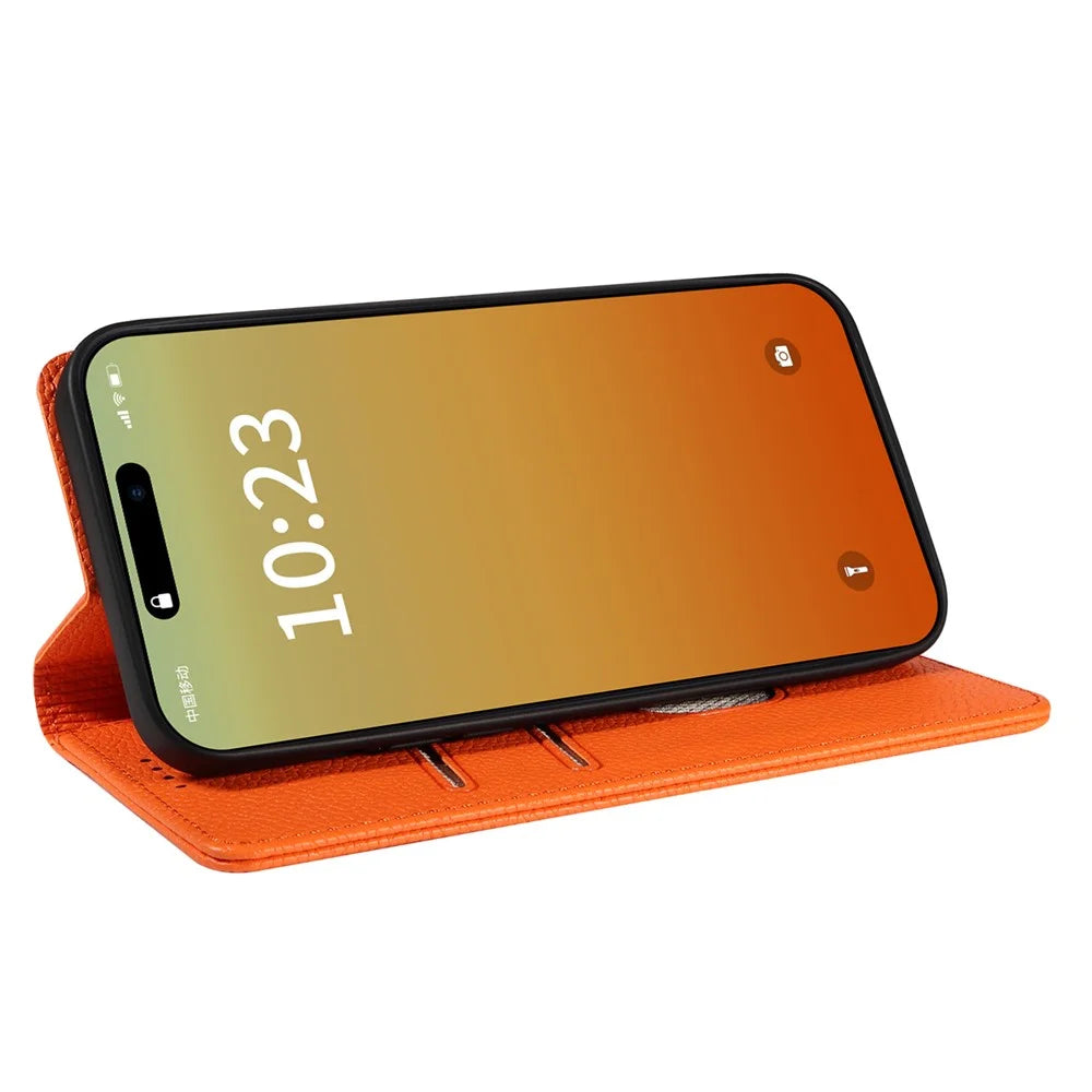 For iPhone 15 Pro Case RFID Blocking Strong Magnetic Leather Wallet Phone Cover - Orange - 3