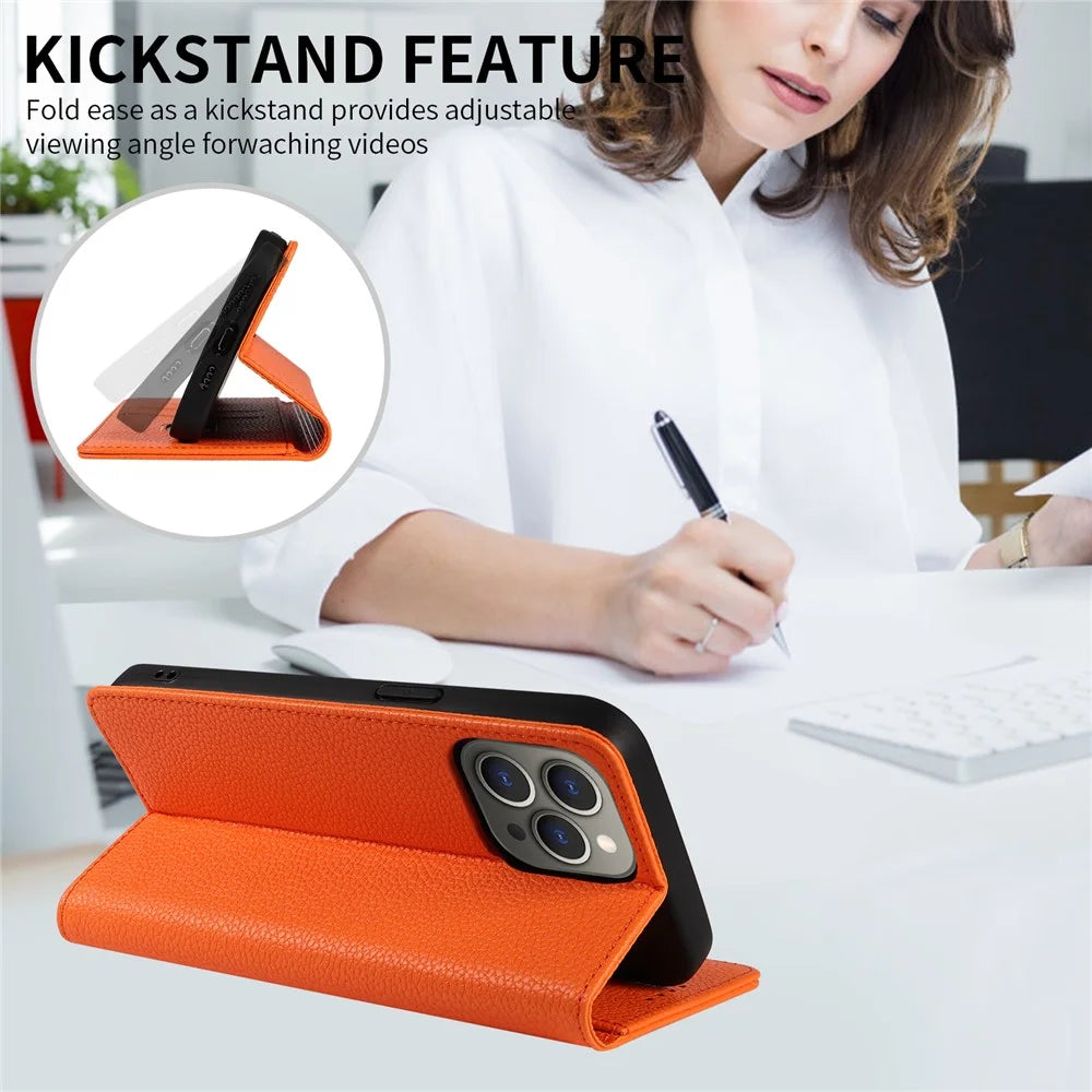 For iPhone 15 Pro Case RFID Blocking Strong Magnetic Leather Wallet Phone Cover - Orange - 7