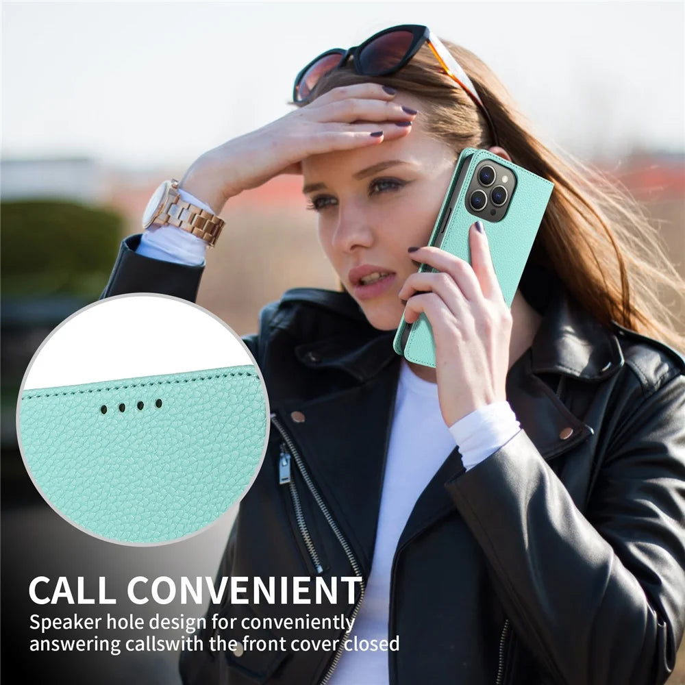 For iPhone 16 Pro Max Case RFID Blocking Strong Magnetic Leather Wallet Phone Cover - Mint Green - 6