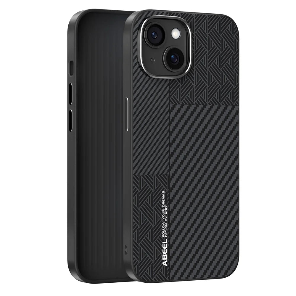 ABEEL For iPhone 14 Case PC + TPU + Aluminum Alloy + PU Leather Slim Phone Back Cover Compatible with MagSafe - Texture 3 - 2