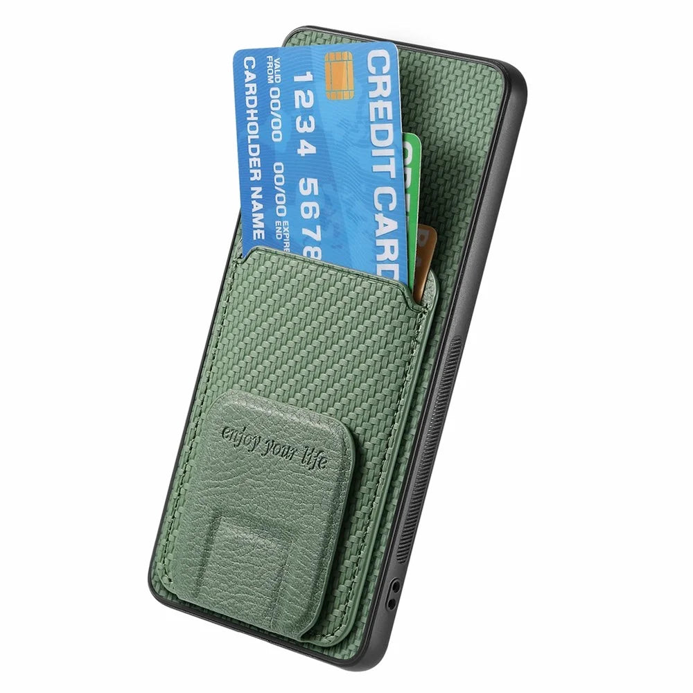 For Samsung Galaxy A06 4G Case Card Holder Carbon Fiber Texture Leather Coated TPU Phone Cover - Green - 2