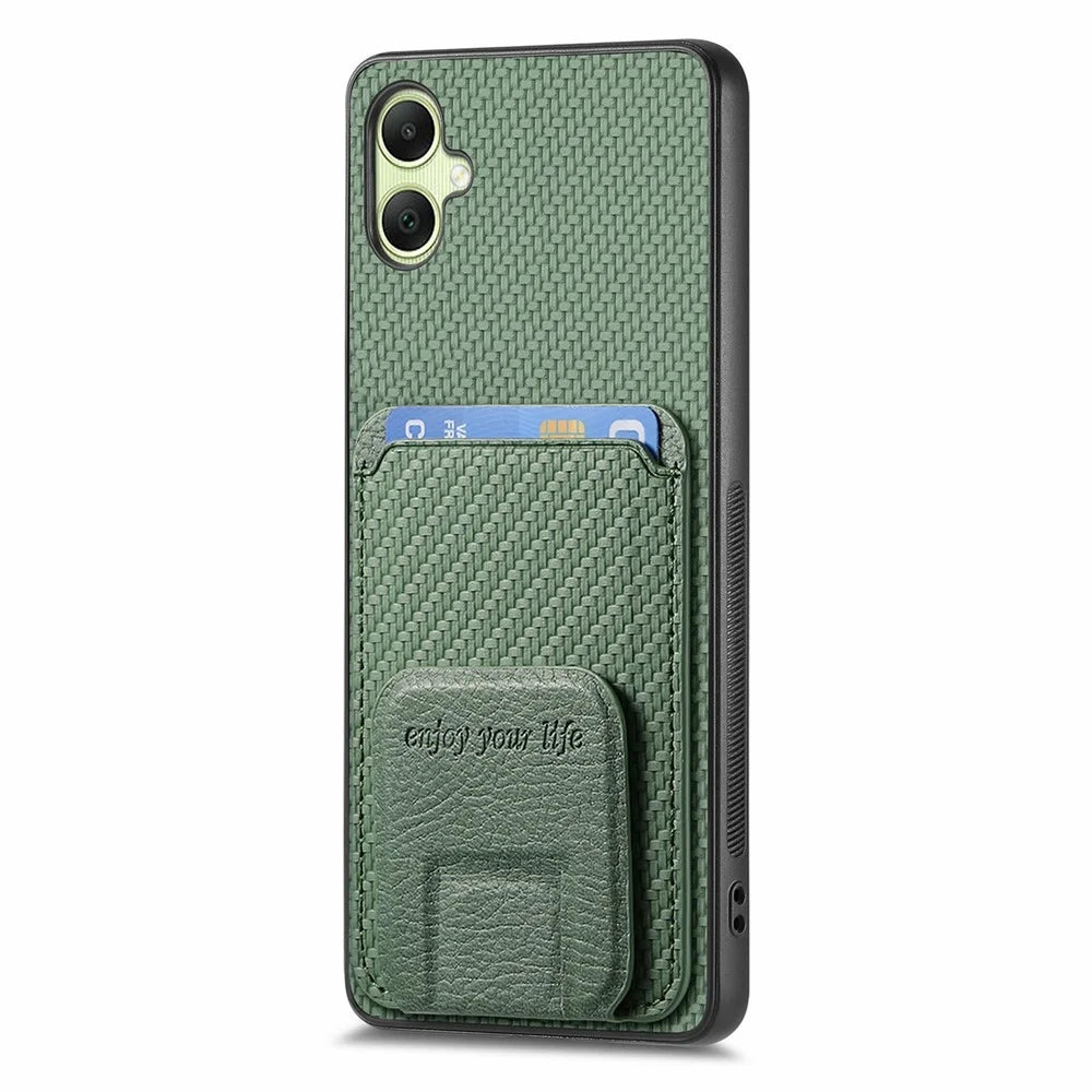 For Samsung Galaxy A06 4G Case Card Holder Carbon Fiber Texture Leather Coated TPU Phone Cover - Green - 5
