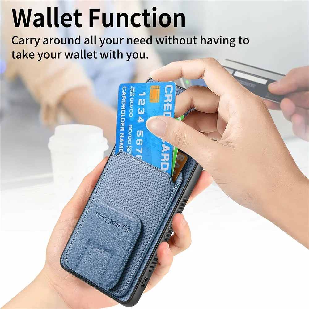 For Samsung Galaxy A06 4G Case Card Holder Carbon Fiber Texture Leather Coated TPU Phone Cover - Green - 7