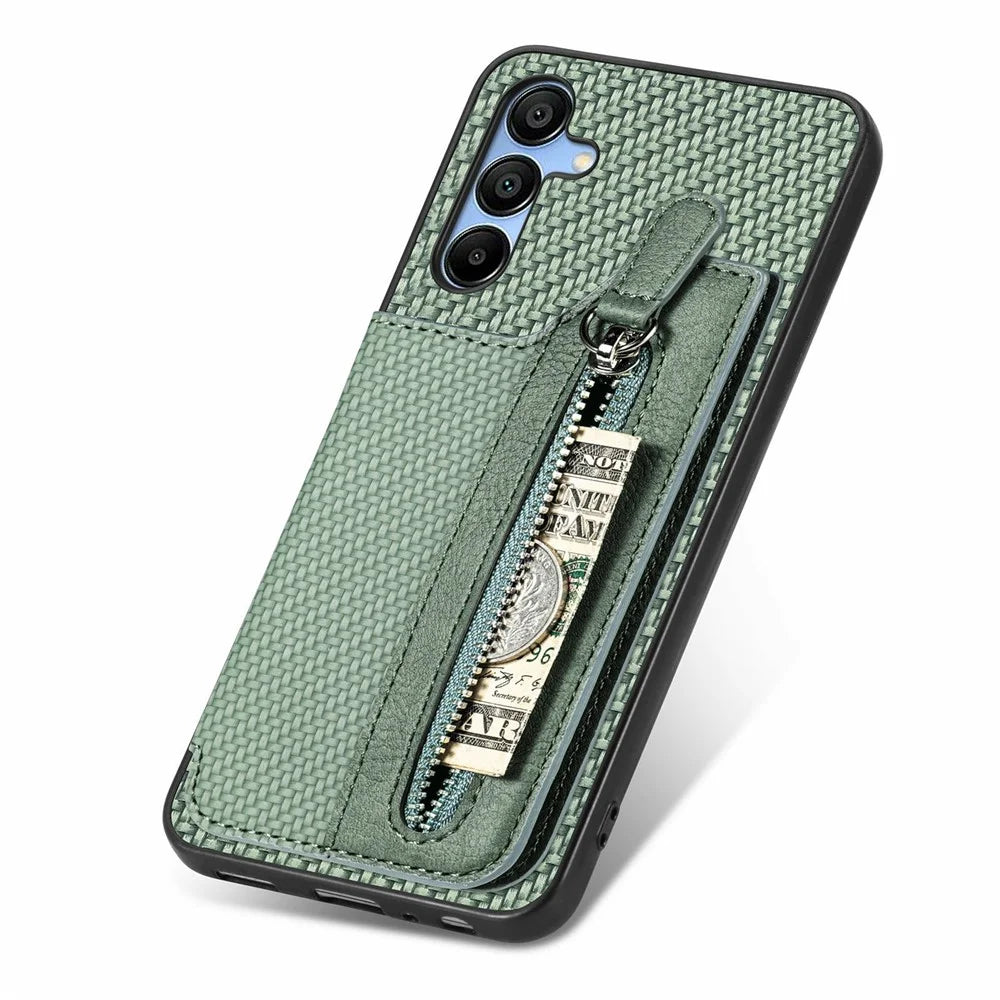 For Samsung Galaxy A16 4G / 5G Case Leather+PC+TPU Zipper Pocket Kickstand Phone Cover - Green - 5