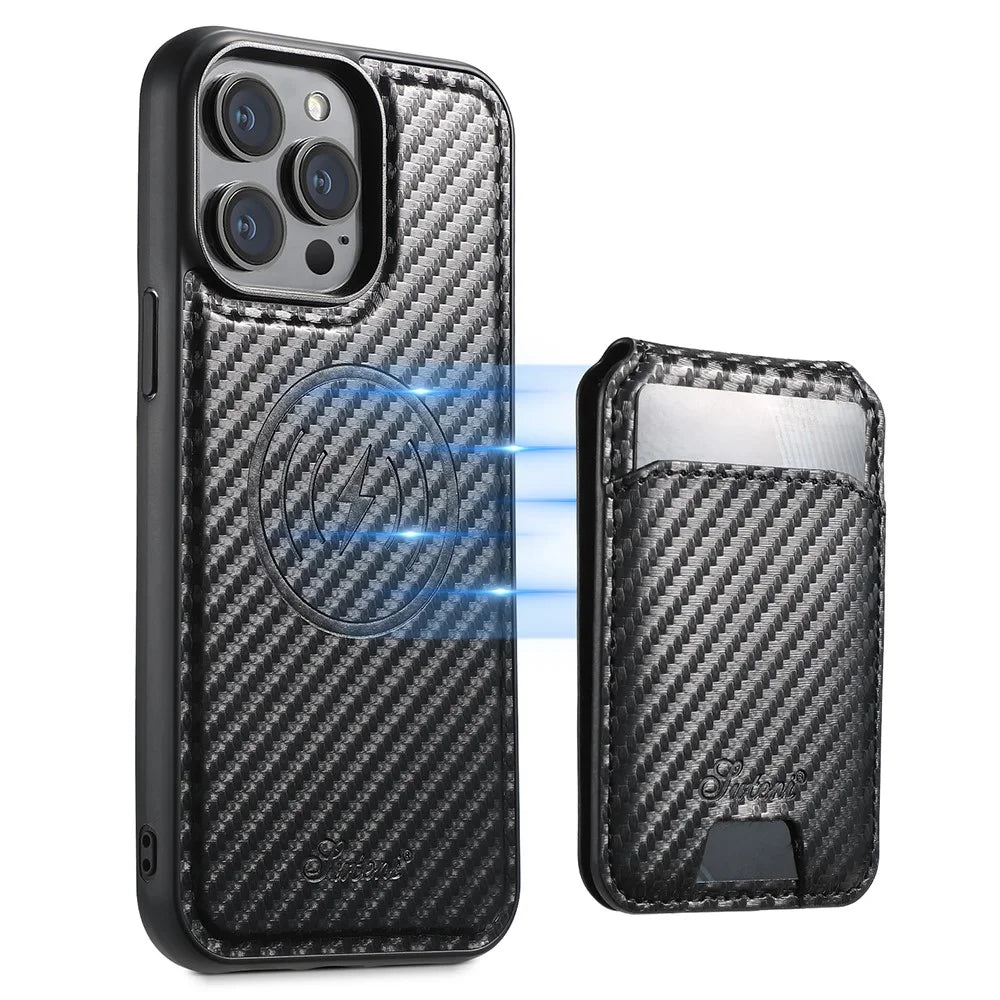 SUTENI H18 For iPhone 12 Pro Magnetic Case Carbon Fiber Texture Leather+TPU Cover with Detachable Card Bag - 1