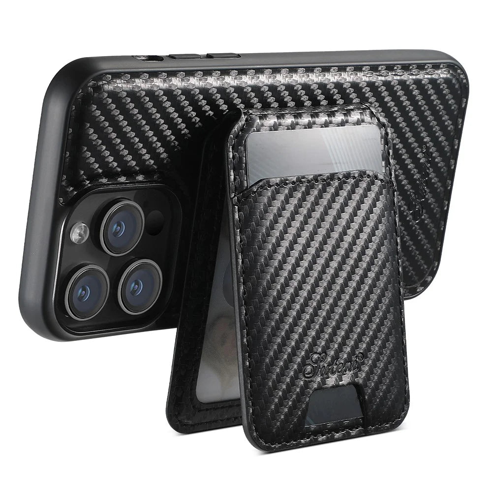 SUTENI H18 For iPhone 12 Pro Magnetic Case Carbon Fiber Texture Leather+TPU Cover with Detachable Card Bag - 2