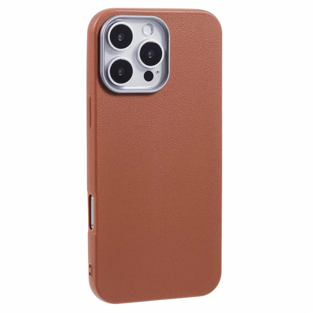 For iPhone 16 Pro Max Case Electroplating Lens Frame Textured TPU Shockproof Phone Cover - Brown - 1