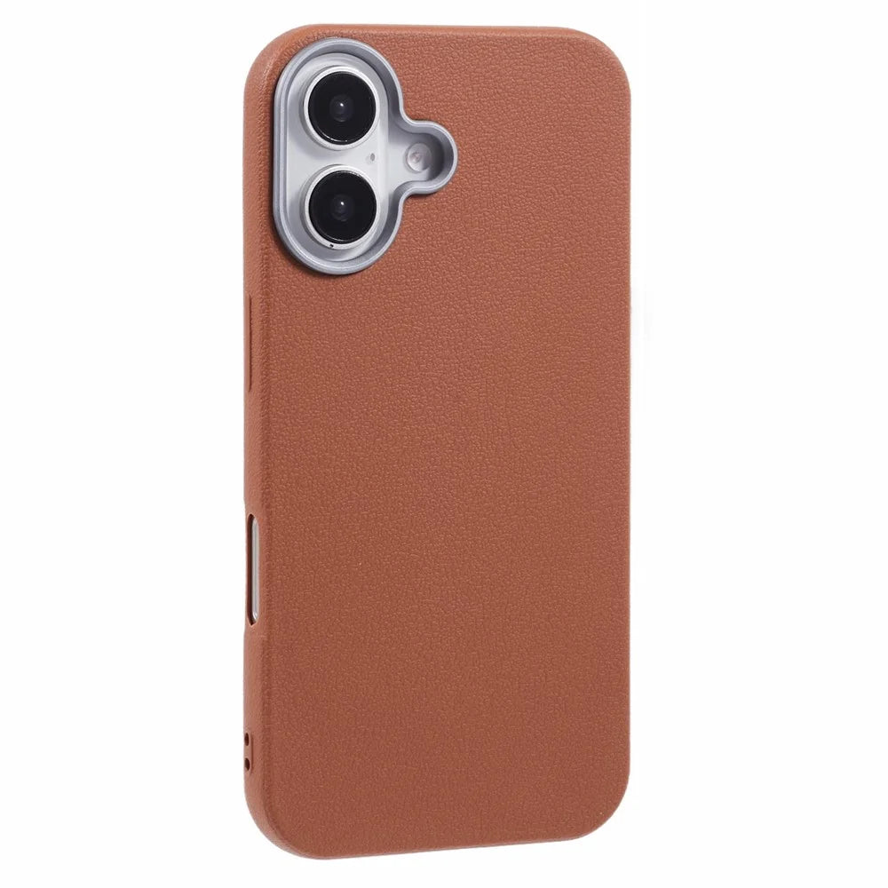 For iPhone 16 Plus Case Electroplating Lens Frame Textured TPU Shockproof Phone Cover - Brown - 1