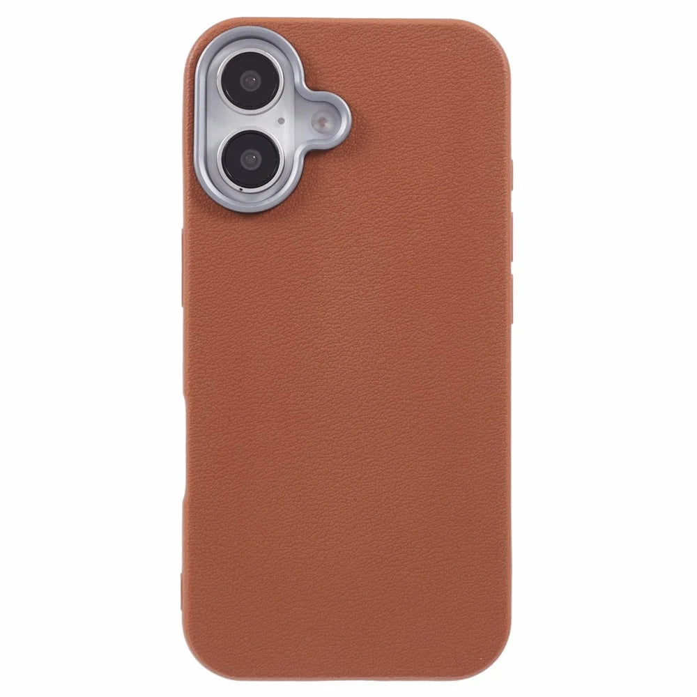 For iPhone 16 Plus Case Electroplating Lens Frame Textured TPU Shockproof Phone Cover - Brown - 3