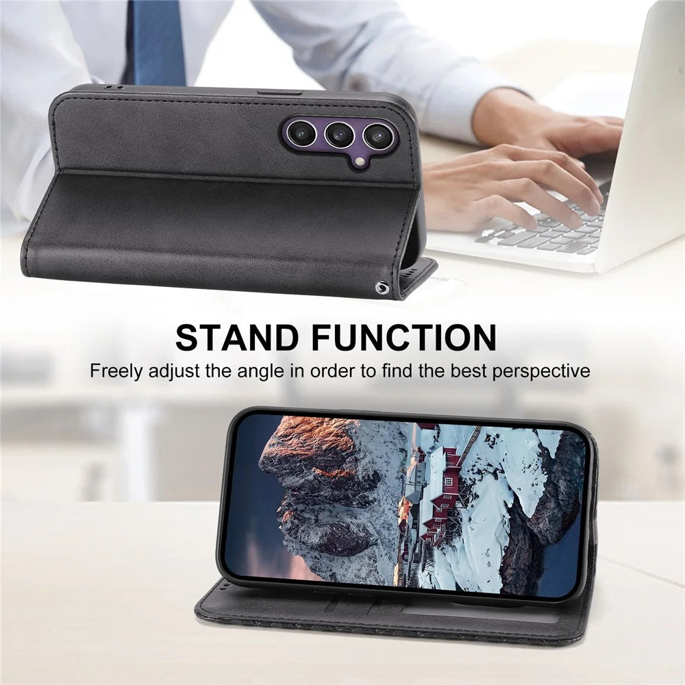 For Samsung Galaxy S25 Case Calf Texture PU Leather Phone Cover with Wallet - Black - 3
