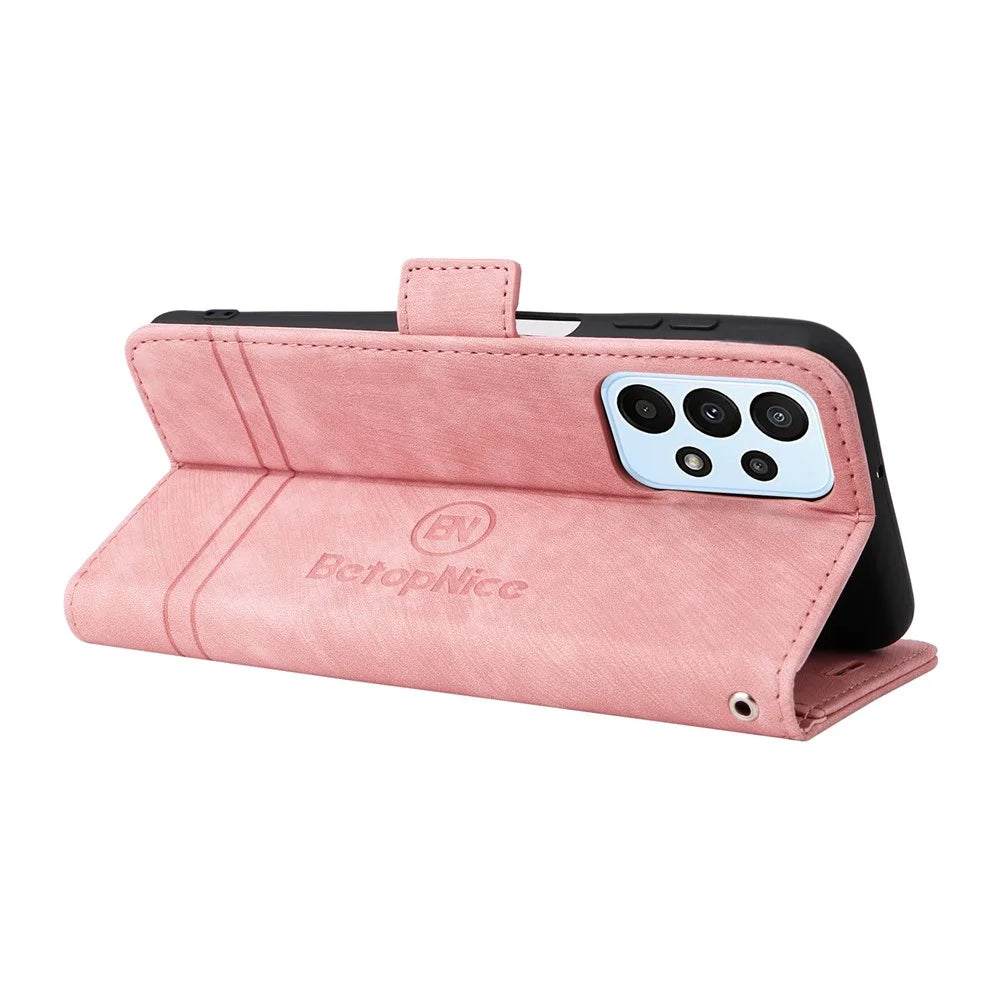 BETOPNICE 001 For Samsung Galaxy A23 4G / F23 5G / M23 5G / M13 4G / A23 5G (Global Version) Imprinted Stitching Line Leather Case Stand Wallet Phone Cover with Strap - Pink - 4