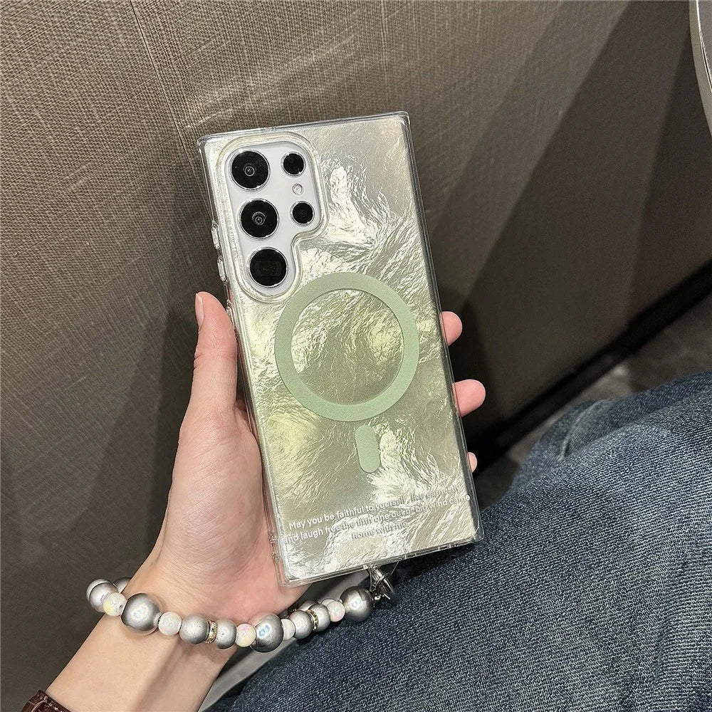 For Samsung Galaxy S24 Ultra Magnetic Case Gradient Tint TPU+PC Phone Cover with Beaded Strap - Green - 2