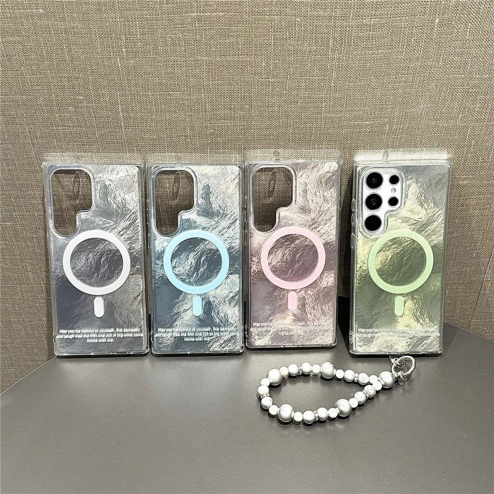 For Samsung Galaxy S24 Ultra Magnetic Case Gradient Tint TPU+PC Phone Cover with Beaded Strap - Green - 5