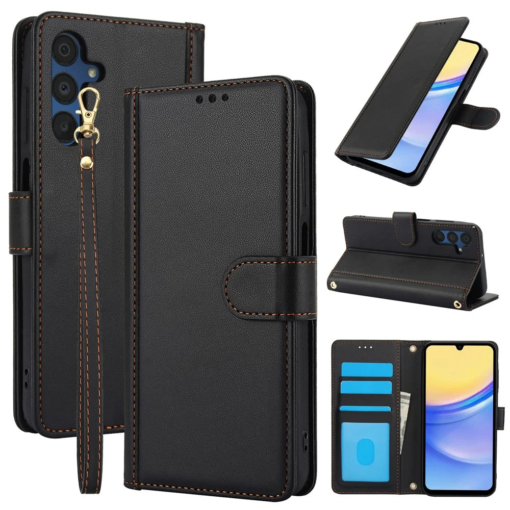 SY-003 For Samsung Galaxy A37 5G / A56 5G / A36 5G Case PU Leather Stand View Phone Wallet Cover with Hand Strap - Black - 1