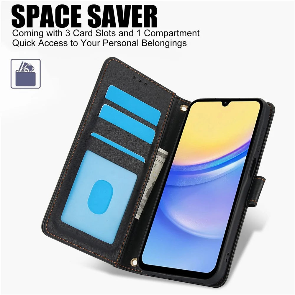 SY-003 For Samsung Galaxy A37 5G / A56 5G / A36 5G Case PU Leather Stand View Phone Wallet Cover with Hand Strap - Black - 5