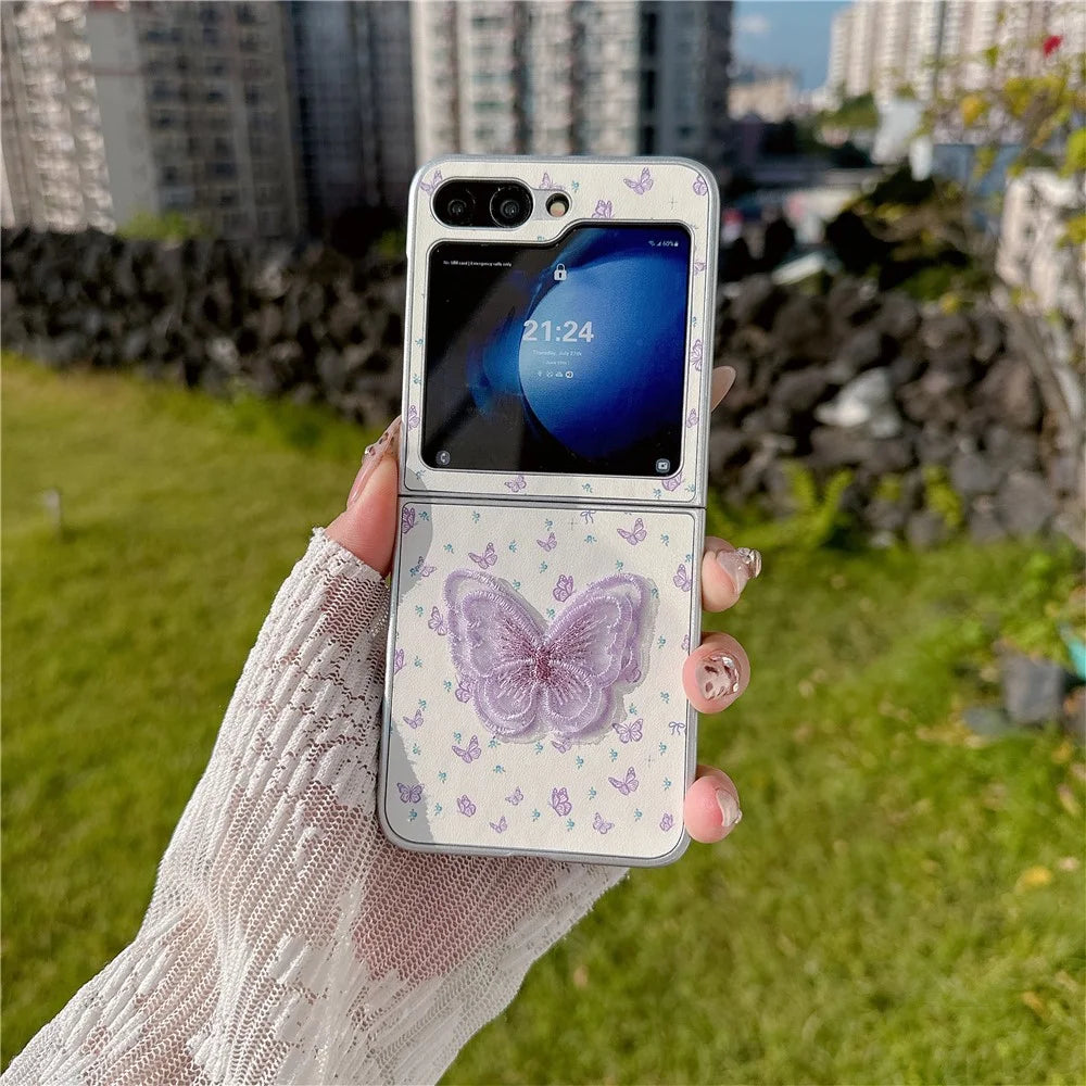 For Samsung Galaxy Z Flip7 FE 5G / Z Flip6 5G Case Leather+PC Butterfly Phone Cover with Tulip Hand Strap - 6