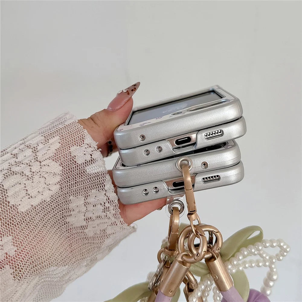 For Samsung Galaxy Z Flip7 FE 5G / Z Flip6 5G Case Leather+PC Butterfly Phone Cover with Tulip Hand Strap - 7