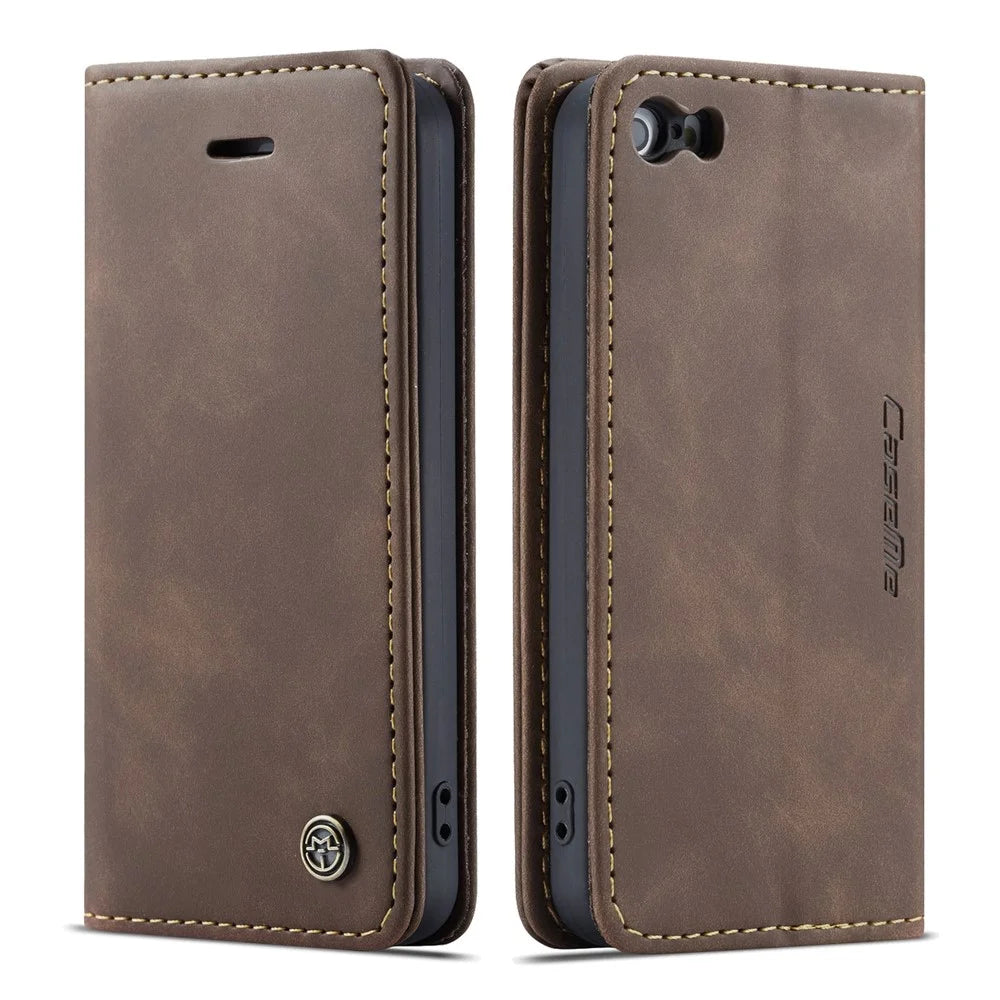 CASEME For iPhone 5s / iPhone SE (1st generation) / iPhone 5 Case  013 Series Card Holder Stand Leather Phone Cover - Coffee - 2