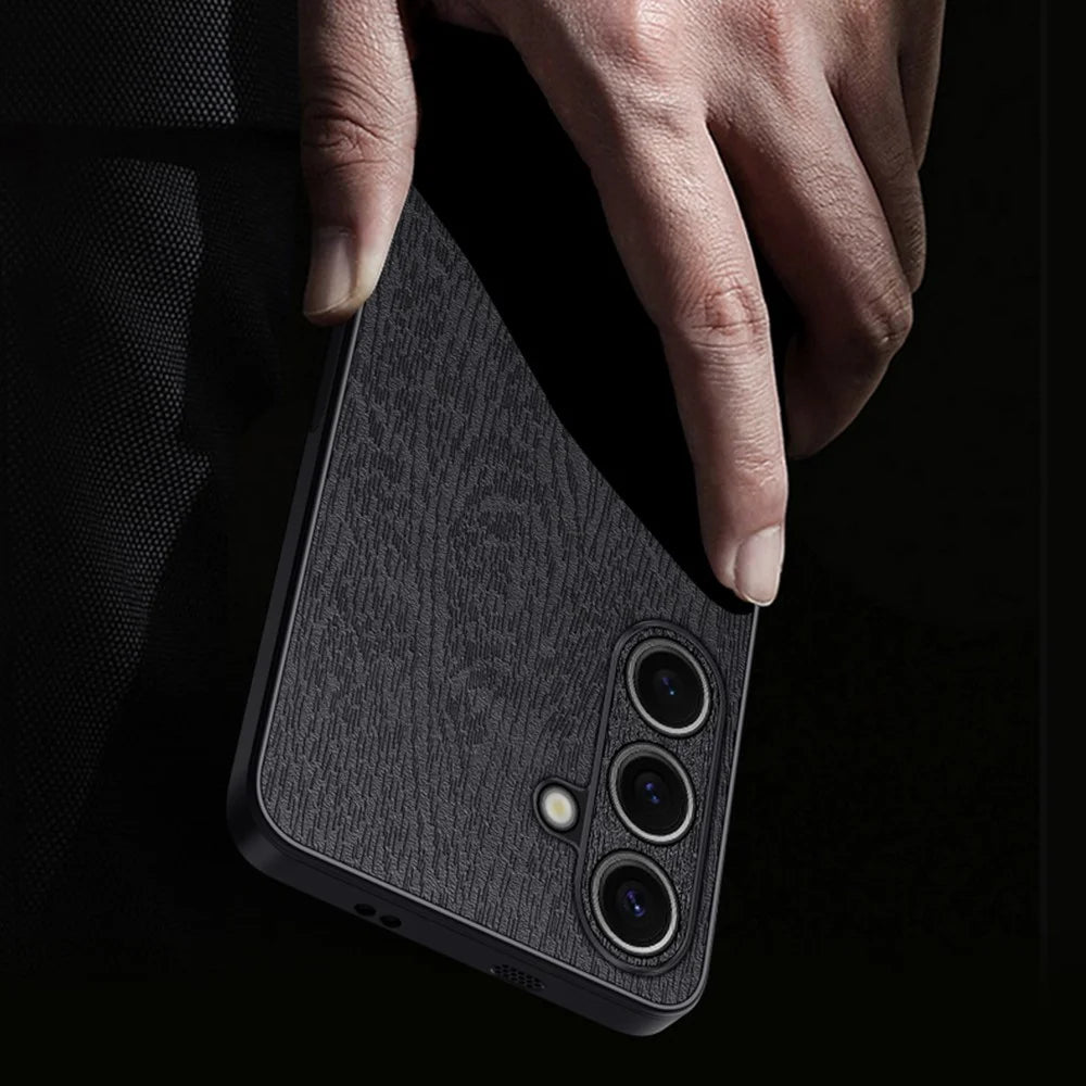 For Samsung Galaxy S25+ Case Wood Texture PU Leather Coated PC+TPU Phone Cover - Black - 2