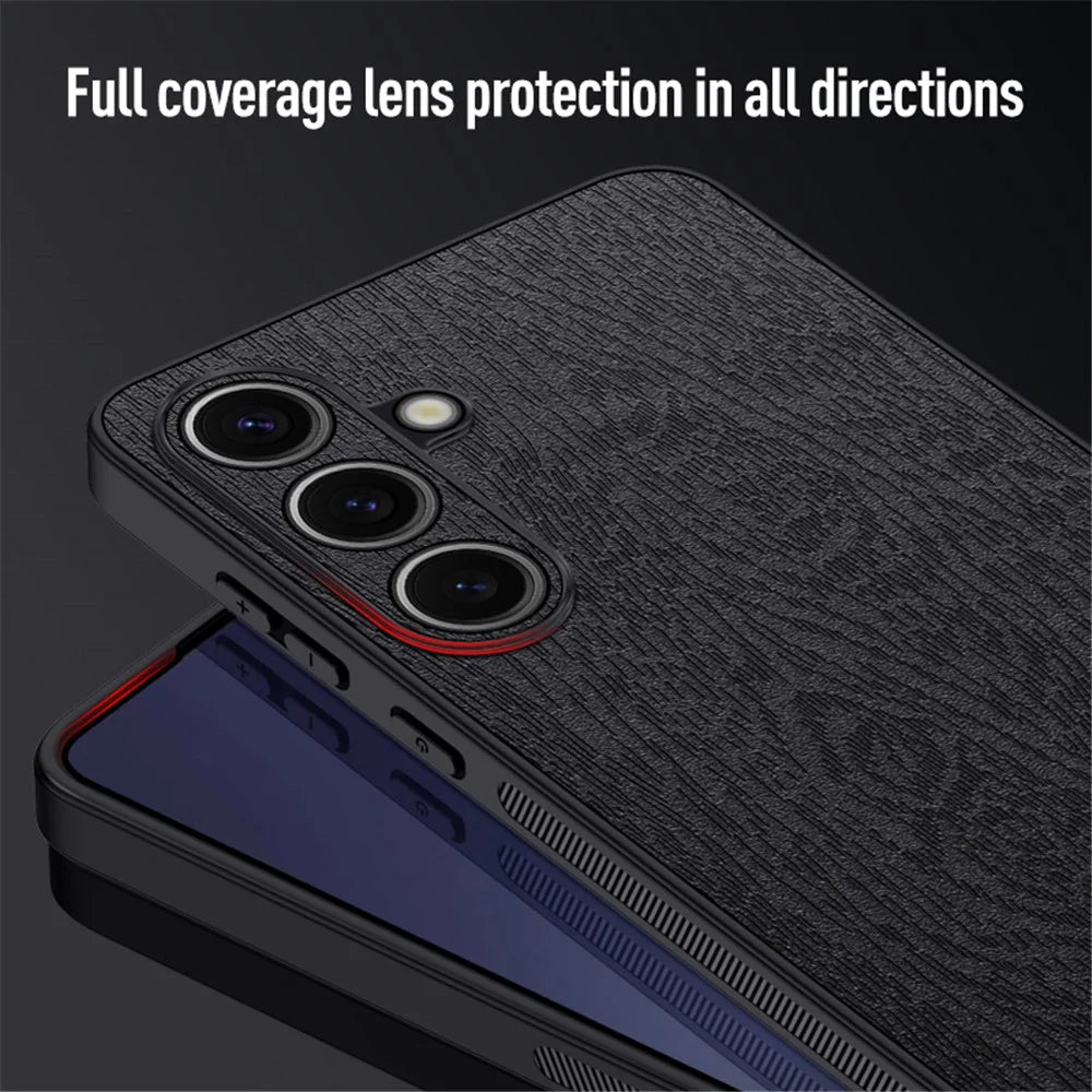 For Samsung Galaxy S25+ Case Wood Texture PU Leather Coated PC+TPU Phone Cover - Black - 3